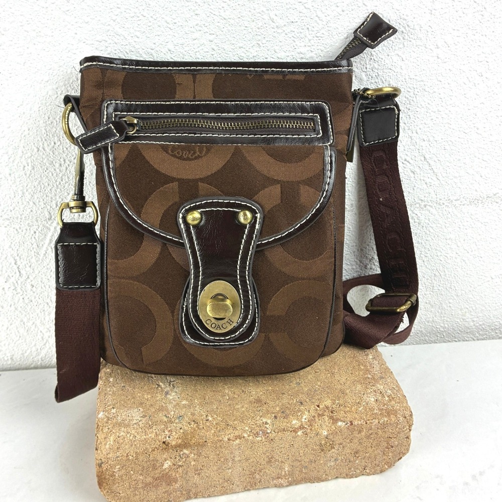 Coach Brown Signature C Jacquard Crossbody Bag Small Leather Trim Y2K Messenger